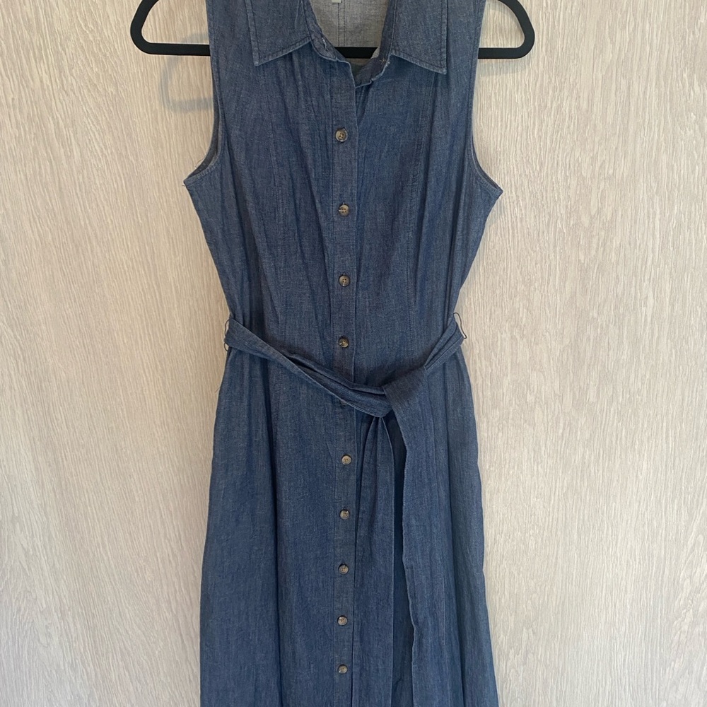 Anne Klein Sleeveless Denim-Look Midi Shirt Dress in Blue with Tie Waist